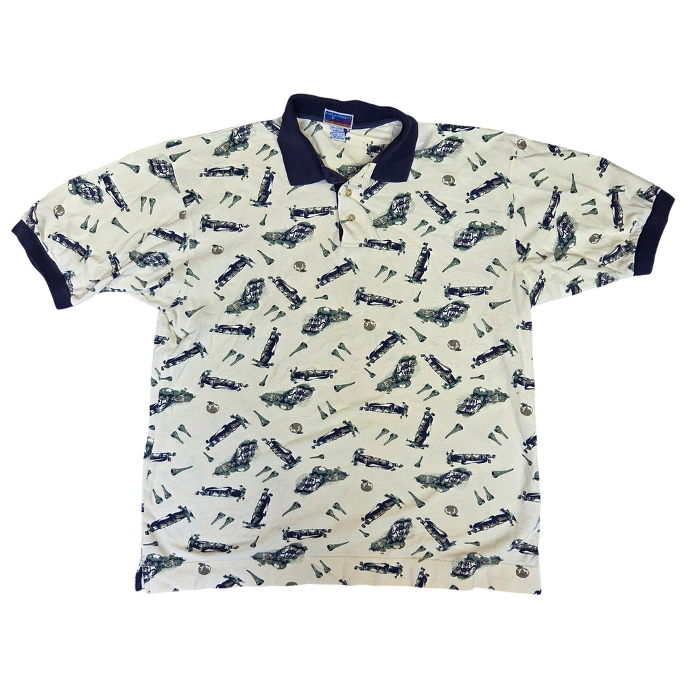 Port Authority Vintage Mens Large Golf Print Polo Shirt Cream 100% Cotton L